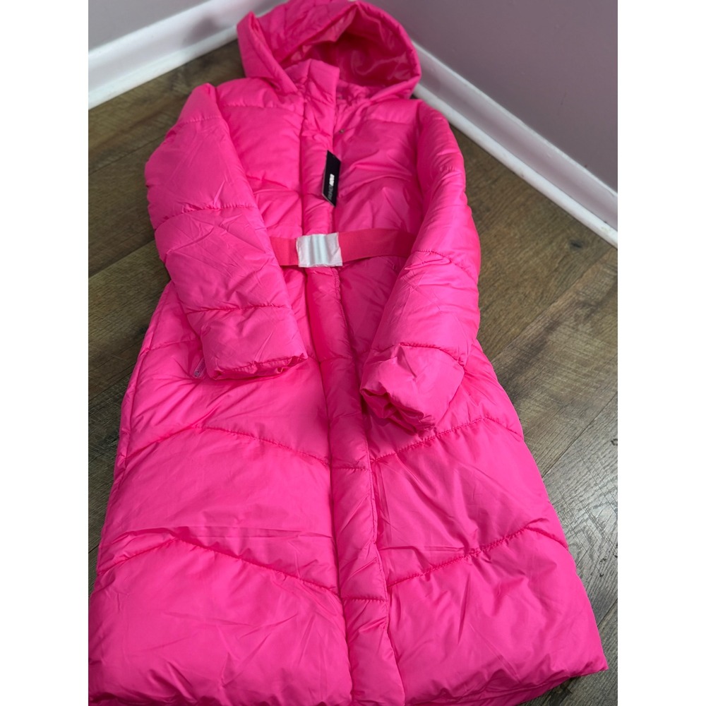 Fashion Nova Neon Pink Hooded Puffer Coat Longline Belted Quilted Jacket NEW